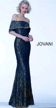 Load image into Gallery viewer, Jovani 67902 Navy Blue Lace Off the Shoulder
