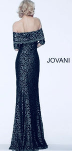 Jovani 67902 Navy Blue Lace Off the Shoulder