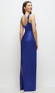 Dessy 6913 Scoop Neck Draped Column Stretch Satin Maxi Dress