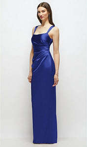 Dessy 6913 Scoop Neck Draped Column Stretch Satin Maxi Dress