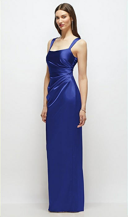 Dessy 6913 Scoop Neck Draped Column Stretch Satin Maxi Dress