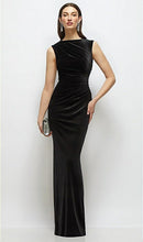 Load image into Gallery viewer, Dessy 6914 High Neck Cap Shoulder Pleated Bodice Velvet Column Dress
