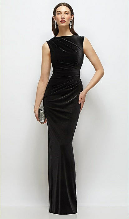 Dessy 6914 High Neck Cap Shoulder Pleated Bodice Velvet Column Dress