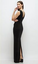 Load image into Gallery viewer, Dessy 6914 High Neck Cap Shoulder Pleated Bodice Velvet Column Dress
