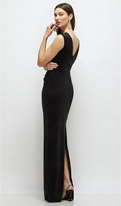Dessy 6914 High Neck Cap Shoulder Pleated Bodice Velvet Column Dress