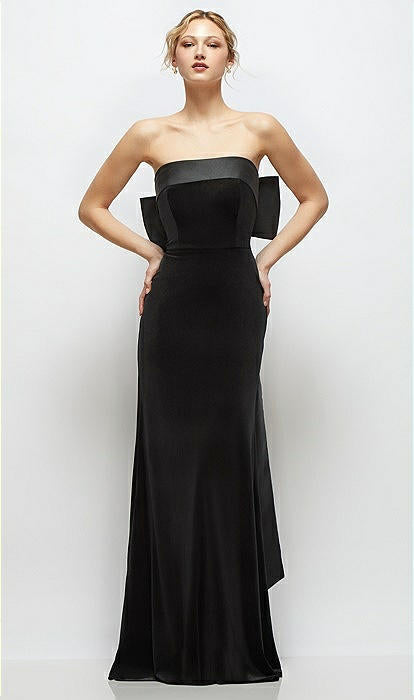 Dessy 6917 Black Velvet Maxi Dress with Strapless Satin Cuff and Bow –  Gigi's Closette Ltd