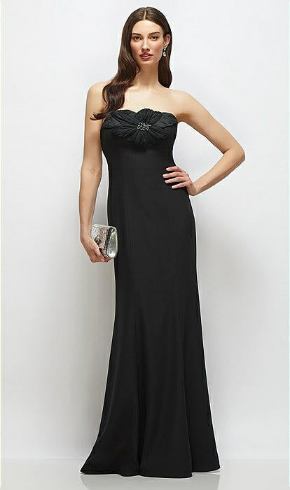 Dessy 3179 Black Crepe Gown with Handmade Flower