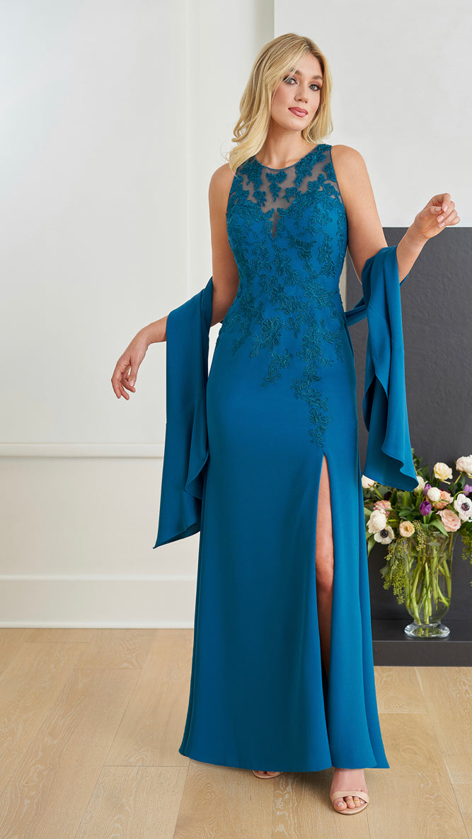 Jade K258057 Sleeveless Halter Long Gown with Beading and Appliqués