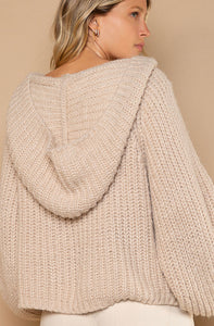 Almond Cable Sweater with Hood and Balloon Sleeves