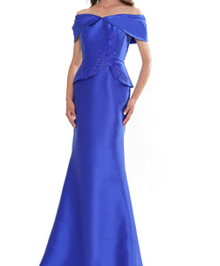 Rina Di Montella Mikado Off the Shoulder Gown with Beads at Waist