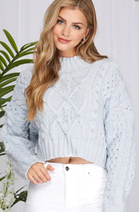 Light Blue Cable Knit Sweater with Pearl Detail