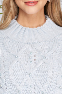 Light Blue Cable Knit Sweater with Pearl Detail