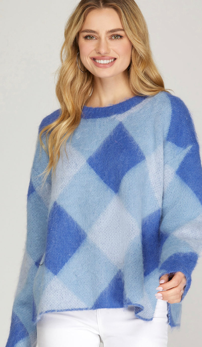 Blue Argyle Crewneck Sweater