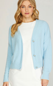 Light Blue Fuzzy Sweater Cardigan with Jewel Button Detail