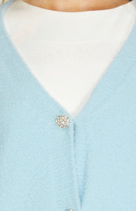 Light Blue Fuzzy Sweater Cardigan with Jewel Button Detail