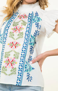 THML SRT1859 White Flutter Sleeve Top with Blue and Pink Embroidery
