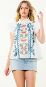 THML SRT1859 White Flutter Sleeve Top with Blue and Pink Embroidery