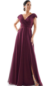 Chiffon Long Gown with Ruching and A-Line Skirt with Cap Sleeve