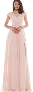 Chiffon Long Gown with Ruching and A-Line Skirt with Cap Sleeve
