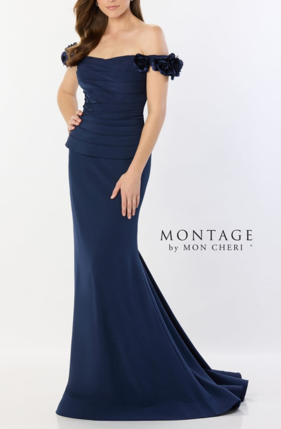 Montage M2240 Off the Shoulder Long Gown with Flower Detail