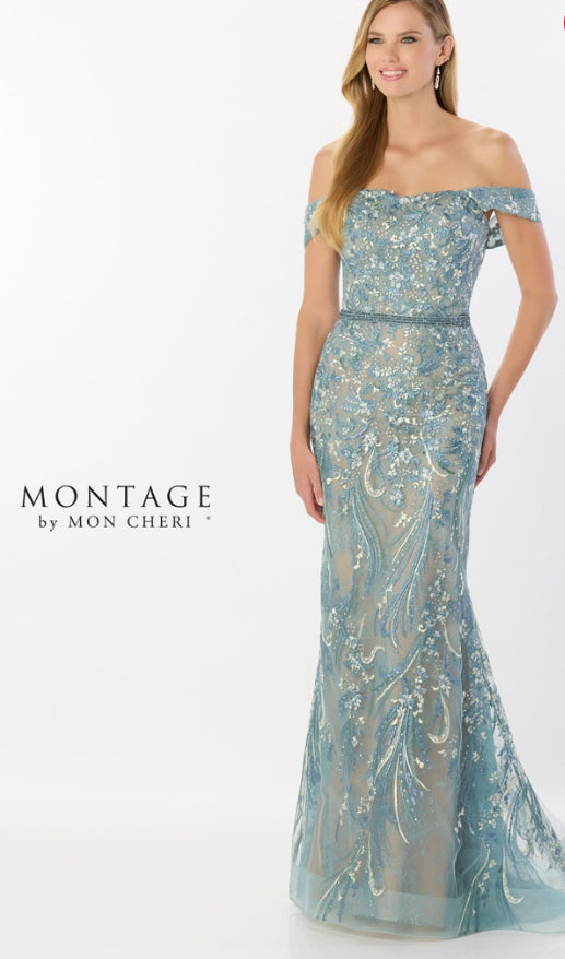 Montage M2230 Off the Shoulder Embroidered and Beaded Long Gown
