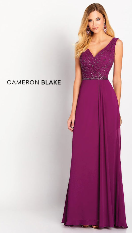 Cameron Blake 119641 Berry Sleeveless Beaded Bodice with Chiffon Skirt