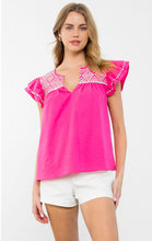 Load image into Gallery viewer, THML WCT2296 Pink Embroidered Detail Flutter Sleeve Top
