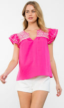 Load image into Gallery viewer, THML WCT2296 Pink Embroidered Detail Flutter Sleeve Top
