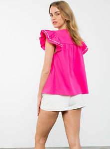 THML WCT2296 Pink Embroidered Detail Flutter Sleeve Top