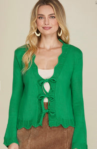 The Shannon Sweater with Bow Ties with Scalloped Detail in Shamrock Green