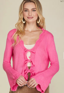 The Shannon Sweater with Bow Ties with Scalloped Detail in Pink
