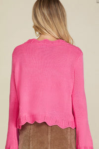 The Shannon Sweater with Bow Ties with Scalloped Detail in Pink