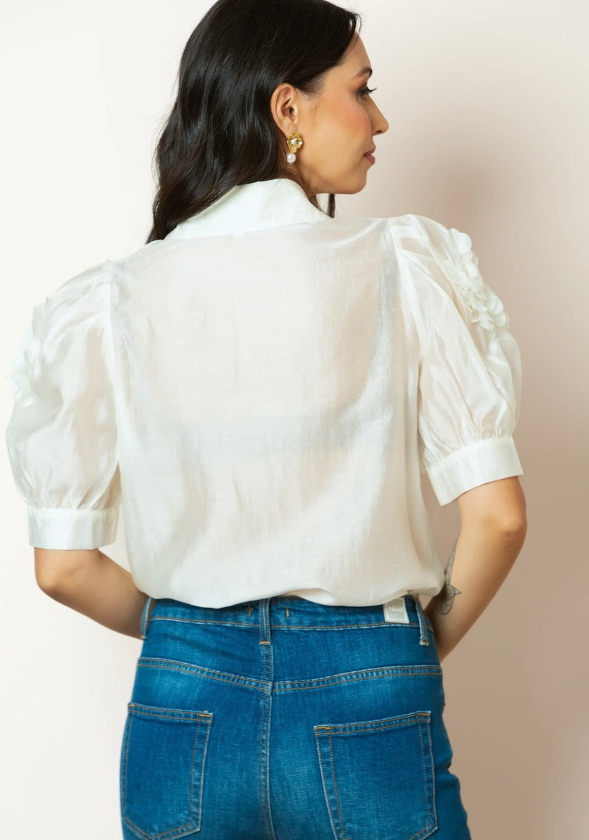 Jessie Liu Ivory Button Down Shirt with Flower Applique – Gigi’s ...