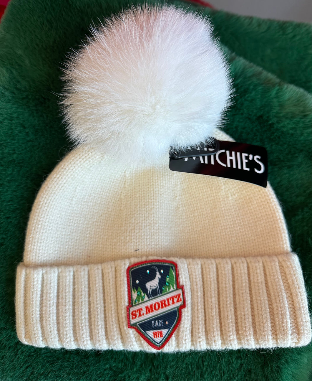 Mitchie’s Ivory Hat with St.Moritz Patch and Ivory Pom