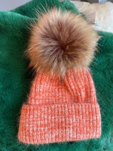 Linda Richards Orange Hat with Tan Fur Pom