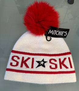 Mitchie’s White Ski Hat with Red Fur Pom