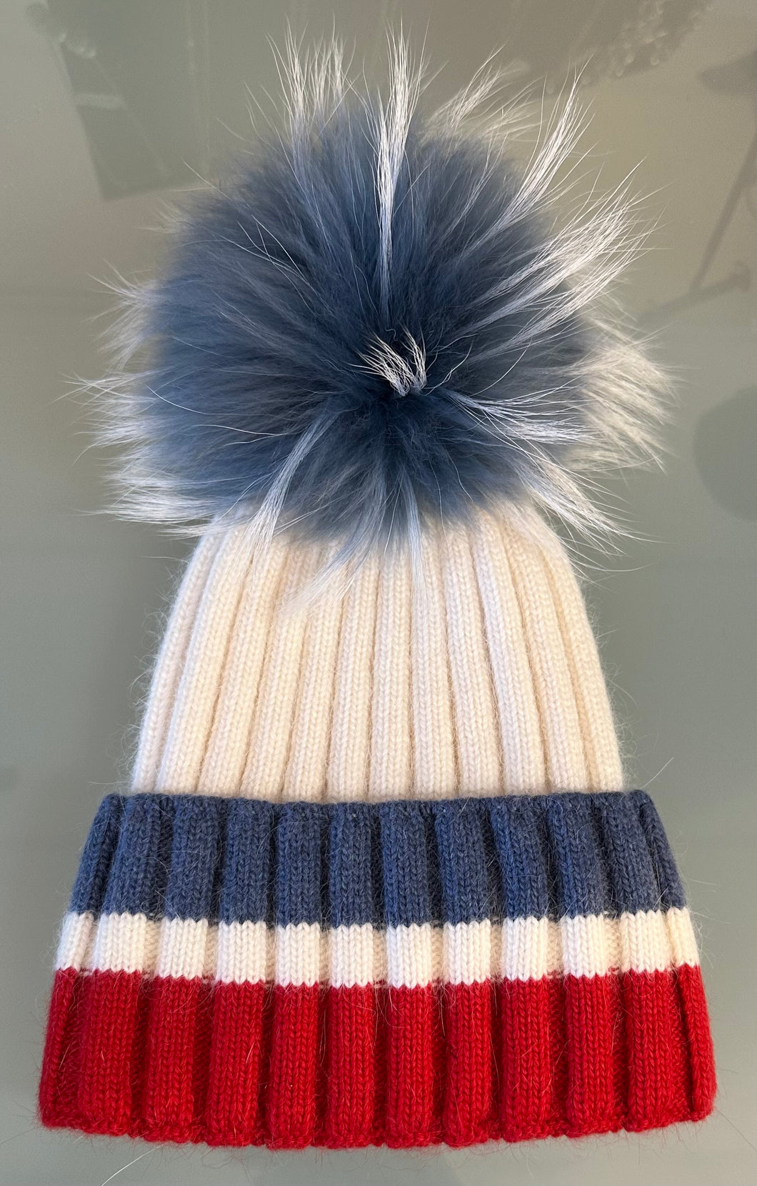 Linda Richards White, Red and Blue Striped Hat with Blue Fur Pom