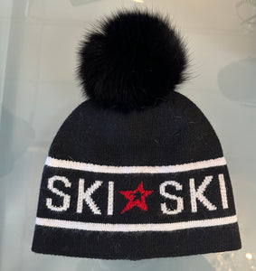 Mitchie’s Black Ski Hat with Fur Pom