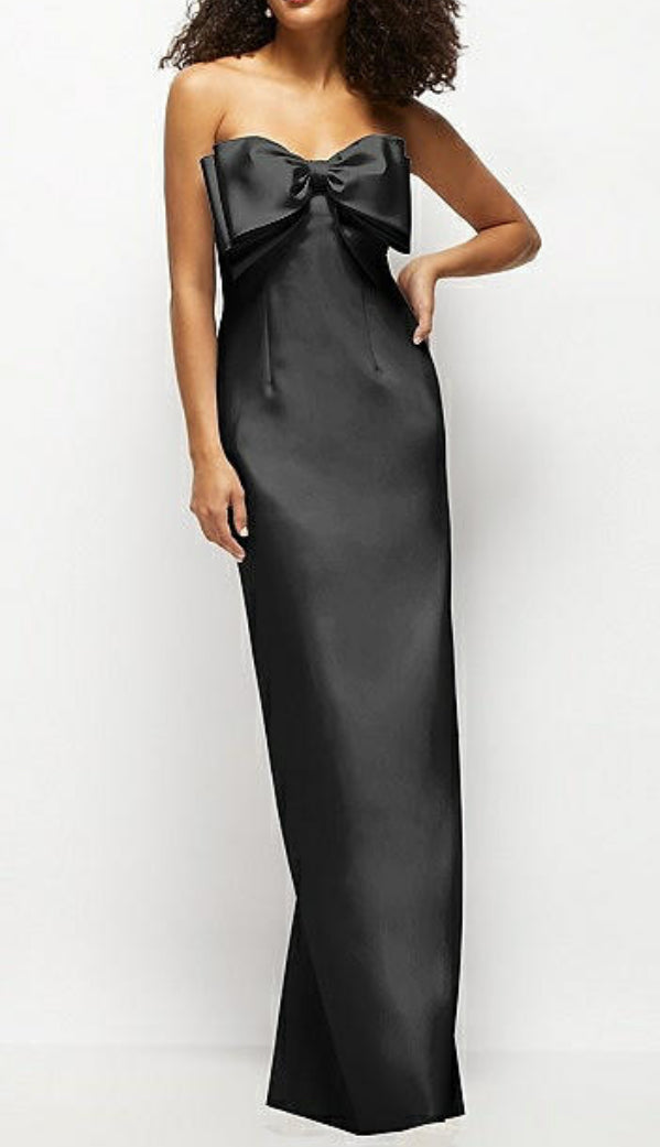 Dessy D859 Strapless Satin Maxi Dress with Bow on Bodice