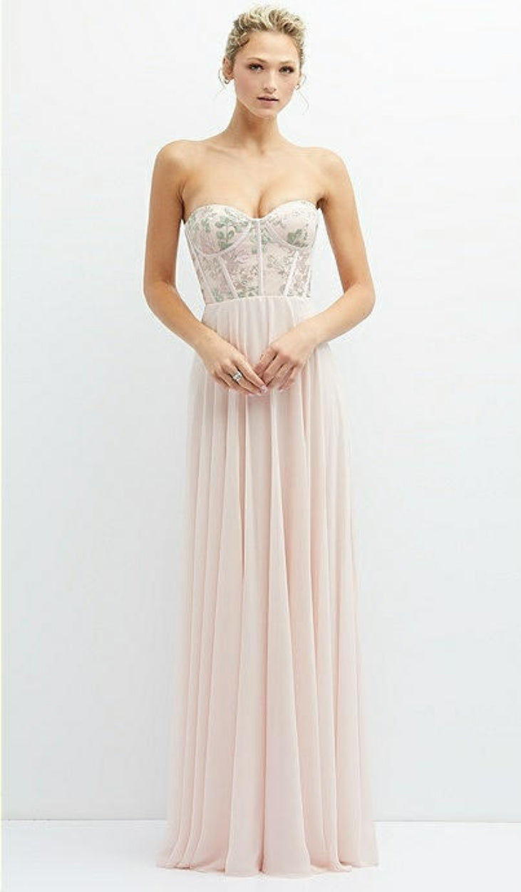Dessy 3136 Blush Long Gown with Embroidered Corset Bodice