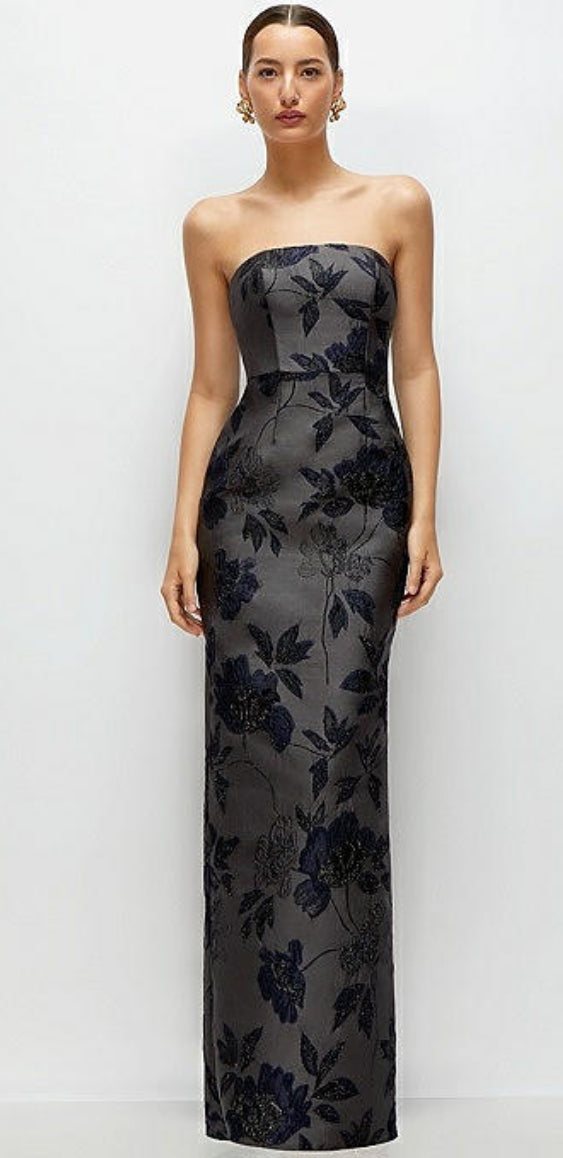 Dessy D877 Strapless Floral Metallic Jacquard column Dress – Gigi's  Closette Ltd