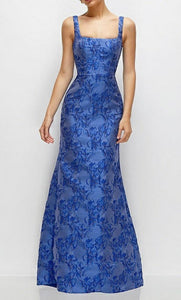 Dessy 3174CFM Cobalt Blue Metallic Jacquard Long Dress with Square Neckline