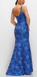 Dessy 3174CFM Cobalt Blue Metallic Jacquard Long Dress with Square Neckline