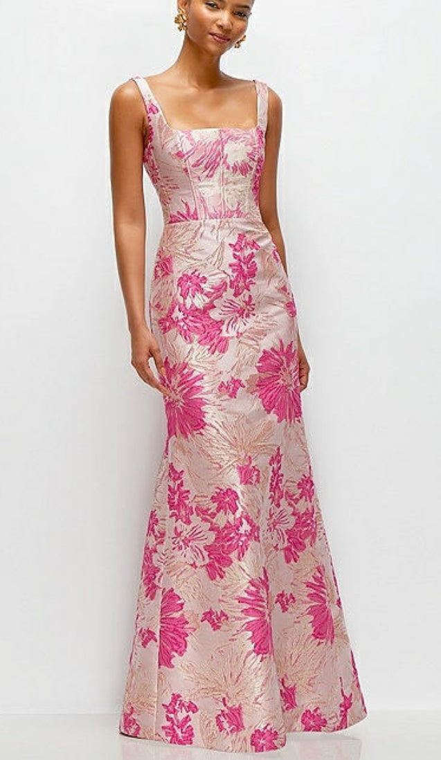 Dessy 3174HPJ Hibiscus Pink Jacquard Square Neck Fit and Flare Long Go   Gigi's Closette Ltd.