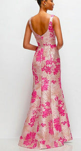 Dessy 3174HPJ Hibiscus Pink Jacquard Square Neck Fit and Flare Long Gown