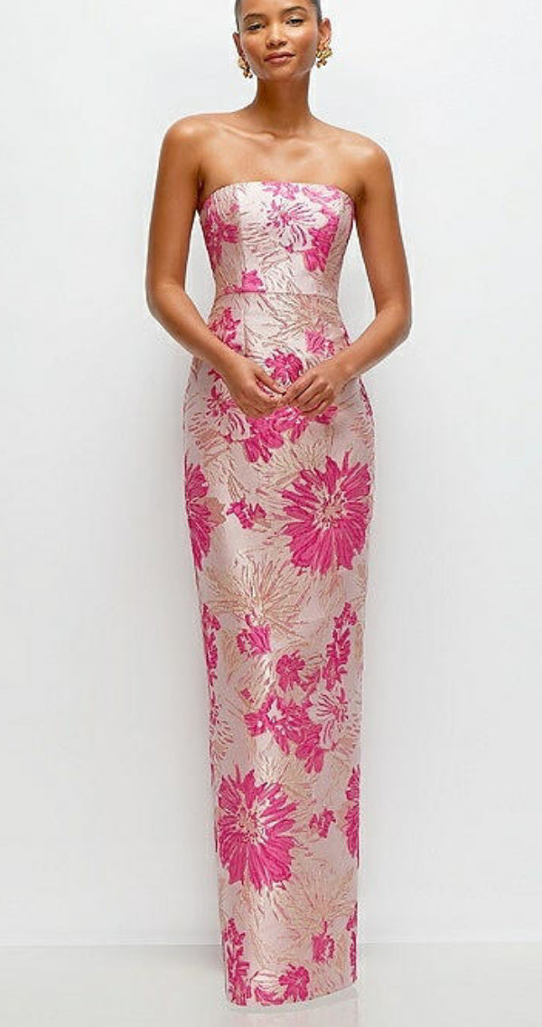 Dessy D877HPJ Hot Pink Jacquard Column Dress Dessy D877HPJ Hot Pink Jacquard Column Dress