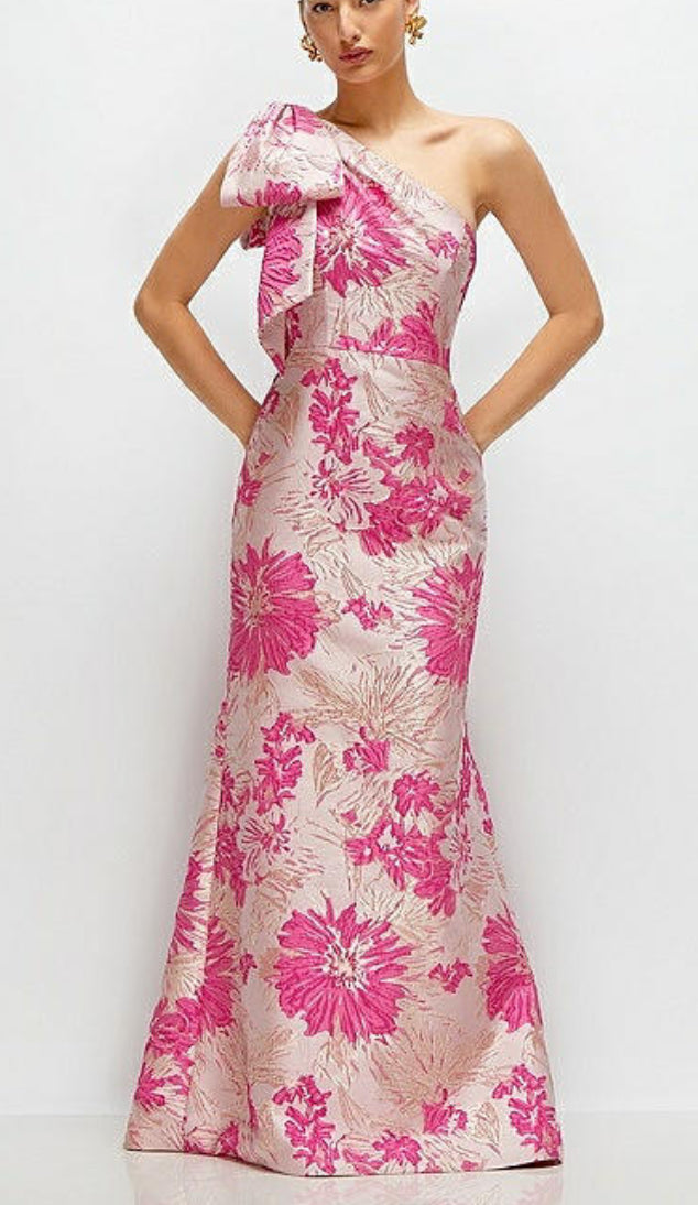 Dessy D879HPJ One Shoulder Hibiscus Pink Floral Jacquard