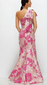 Dessy D879HPJ One Shoulder Hibiscus Pink Floral Jacquard