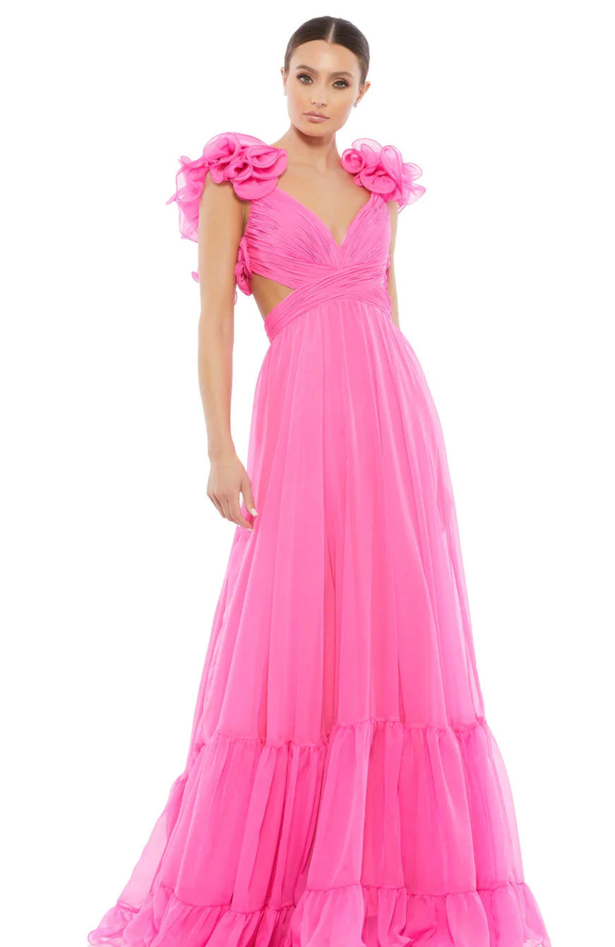Macduggal 67911 Ruffle Tiered Cut-Out Chiffon Gown in Hot Pink