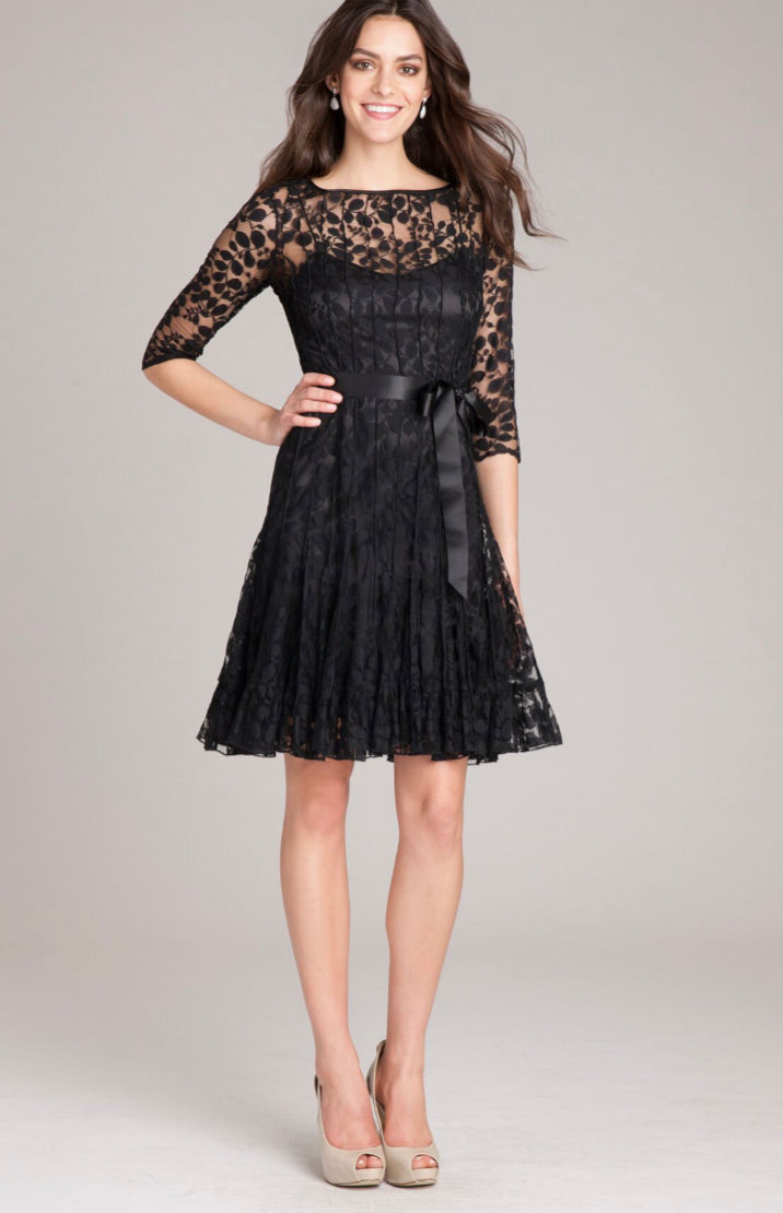 Teri Jon 29067 Black Pin Tuck Lace MIDI Dress